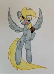 Size: 2294x3122 | Tagged: safe, artist:369treatment, derpibooru import, derpy hooves, pegasus, pony, cute, flying, food, happy, holding a muffin, image, jpeg, muffin, smiling, wings