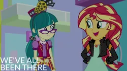 Size: 1280x720 | Tagged: safe, derpibooru import, edit, edited screencap, editor:quoterific, screencap, juniper montage, sunset shimmer, equestria girls, mirror magic, spoiler:eqg specials, clothes, duo, duo female, female, geode of empathy, image, jacket, jewelry, jpeg, leather, leather jacket, magical geodes, necklace, open mouth, open smile, smiling, text