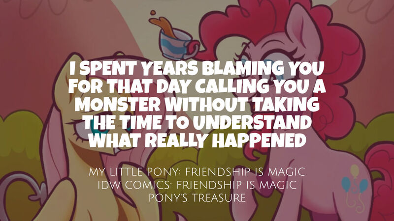 Size: 1280x720 | Tagged: safe, derpibooru import, edit, editor:quoterific, idw, fluttershy, pinkie pie, earth pony, pegasus, pony, duo, female, image, jpeg, mare, open mouth, open smile, pony's treasure, smiling, text