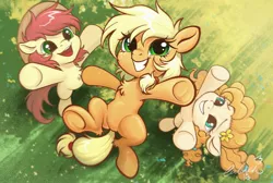 Size: 2048x1378 | Tagged: safe, artist:paipaishuaige, derpibooru import, applejack, bright mac, pear butter, earth pony, pony, buttercup, father and child, father and daughter, female, filly, filly applejack, flower, flower in hair, grin, image, jpeg, male, mother and child, mother and daughter, smiling, younger