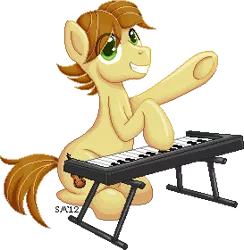 Size: 273x280 | Tagged: safe, artist:serenamidori, derpibooru import, oc, oc:mandopony, unofficial characters only, earth pony, pony, 2012, image, keyboard, male, pixel art, png, simple background, stallion, transparent background