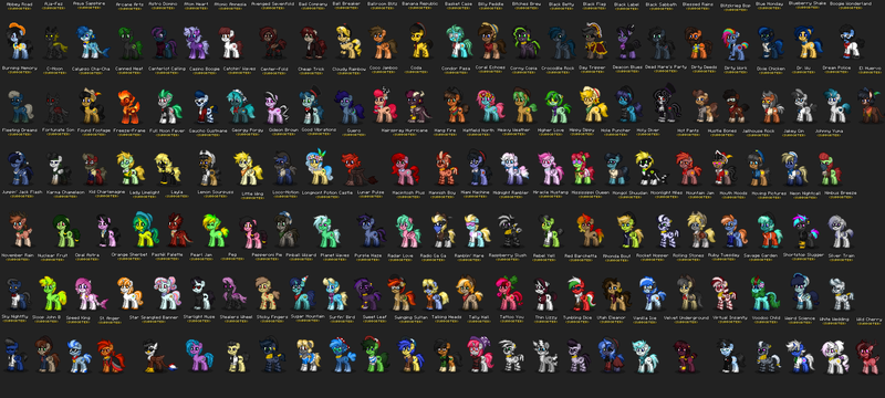 Size: 4000x1800 | Tagged: safe, artist:fluttershank, derpibooru import, oc, oc:aqua sapphire, oc:blitzkrieg bop, oc:dream police, oc:good vibrations, oc:heavy weather, oc:hot pants, oc:lemon sourpuss, oc:lunar pulse, oc:moonlight miles, oc:mountain jam, oc:purple haze, oc:sky nightfly, oc:tattoo you, oc:weird science, unofficial characters only, bat pony, changeling, deer, donkey, dragon, earth pony, gryphon, hybrid, kirin, merpony, pegasus, pony, raccoon, raccoon pony, unicorn, zebra, pony town, absurd resolution, armor, bandana, clothes, collar, construction pony, cowboy hat, dress, ear piercing, earring, eyepatch, floral head wreath, flower, glasses, goggles, hat, horn, image, jewelry, lab coat, medal, neckerchief, necklace, necktie, nightcap, pearl necklace, piercing, pirate hat, png, poncho, priest, punk, reference, robe, safety vest, scarf, shirt, skirt, suit, sun hat, sunglasses, sweater, the caretaker, top hat, tracksuit, vest, wizard hat