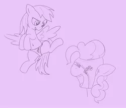 Size: 3500x3000 | Tagged: suggestive, anonymous artist, derpibooru import, pinkie pie, rainbow dash, earth pony, pegasus, pony, clothes, dreamworks face, duo, duo female, female, females only, high res, image, jpeg, mare, monochrome, open mouth, open smile, panties, panties on head, pony print underwear, silly panties, simple background, smiling, spread wings, underwear, wings