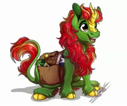 Size: 3000x2500 | Tagged: safe, artist:lupiarts, derpibooru import, oc, unofficial characters only, kirin, bag, commission, cute, high res, image, jpeg, kirin oc, kirinbetes, male, open mouth, saddle bag, signature, solo