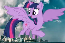 Size: 3812x2541 | Tagged: safe, artist:cloudyglow, artist:thegiantponyfan, derpibooru import, twilight sparkle, twilight sparkle (alicorn), alicorn, pony, cuba, female, giant alicorn, giant pony, giantess, havana, high res, highrise ponies, image, irl, jpeg, looking back, macro, mare, mega giant, mega twilight sparkle, open mouth, photo, ponies in real life, raised hoof, smiling, solo, spread wings, twizilla, wings