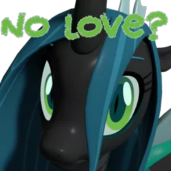 Size: 4000x4000 | Tagged: safe, artist:wissle, derpibooru import, queen chrysalis, changeling, pony, 3d, absurd resolution, blender, canterlot wedding 10th anniversary, caption, crown, female, frown, image, jewelry, looking at you, mare, megamind, meme, no bitches?, png, regalia, sad, simple background, solo, text, transparent background, wings