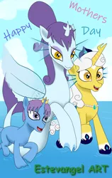 Size: 1200x1900 | Tagged: safe, artist:estevangel, derpibooru import, oc, unofficial characters only, pony, seapony (g4), unicorn, cloud, colored pupils, female, fin wings, fins, fish tail, horn, image, mare, open mouth, png, purple eyes, sky, smiling, tail, teeth, walking, water, white mane, wings, yellow eyes