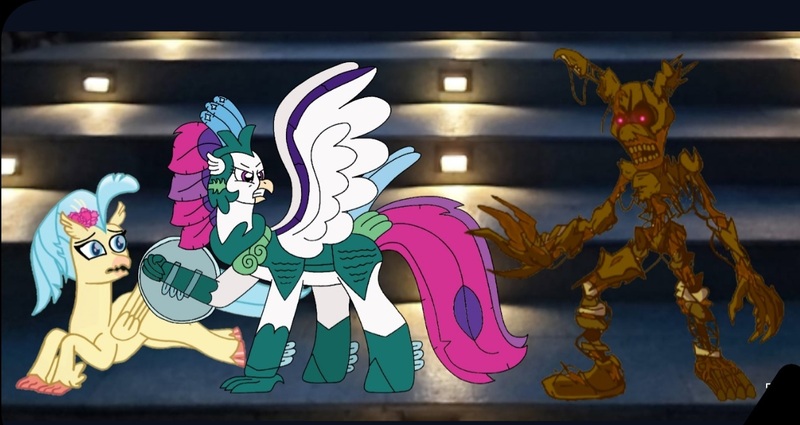 Size: 1273x676 | Tagged: safe, artist:darlycatmake, artist:supahdonarudo, derpibooru import, princess skystar, queen novo, hippogriff, my little pony: the movie, angry, beast, burntrap, defending, female, glare, image, jpeg, knight, mama bear, mother and child, mother and daughter, protecting, william afton