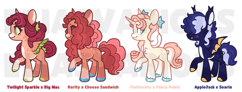 Size: 879x336 | Tagged: safe, artist:eliasvarious, derpibooru import, oc, unofficial characters only, bat pony, earth pony, pegasus, unicorn, base used, bat pony oc, bat wings, colored hooves, earth pony oc, fangs, freckles, hair over eyes, horn, image, obtrusive watermark, offspring, parent:applejack, parent:big macintosh, parent:cheese sandwich, parent:fancypants, parent:fluttershy, parent:rarity, parent:soarin', parent:twilight sparkle, parents:cheesity, parents:fancyshy, parents:soarinjack, parents:twimac, pegasus oc, png, simple background, unicorn oc, unshorn fetlocks, watermark, white background, wings