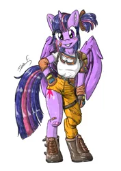 Size: 2481x3508 | Tagged: safe, artist:memprices, derpibooru import, twilight sparkle, twilight sparkle (alicorn), alicorn, semi-anthro, bipedal, boots, bulma, clothes, cosplay, costume, crossover, dragon ball, ear fluff, goggles, high res, horn, image, looking at you, pencil, pencil drawing, png, ponytail, posing for photo, shading, shoes, signature, simple background, smiling, smiling at you, traditional art, white background, wings