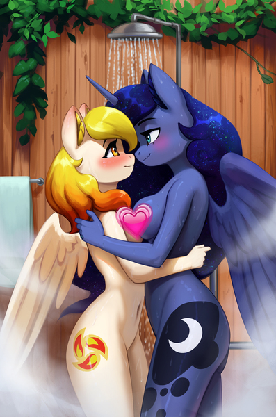 Size: 1300x1966 | Tagged: questionable, artist:mrscroup, derpibooru import, princess luna, oc, alicorn, anthro, pegasus, blushing, canon x oc, censored, commission, female, image, jpeg, lesbian, nudity, shower