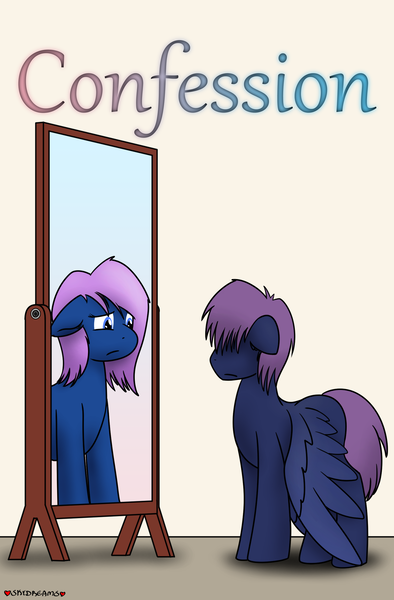 Size: 1575x2400 | Tagged: safe, artist:skydreams, derpibooru import, oc, oc:soft step, unofficial characters only, pegasus, pony, commission, cover art, female, floppy ears, frown, image, male, mare, mirror, narrowed eyes, pegasus oc, png, shadow, signature, stallion, standing, transgender, wings, wings down