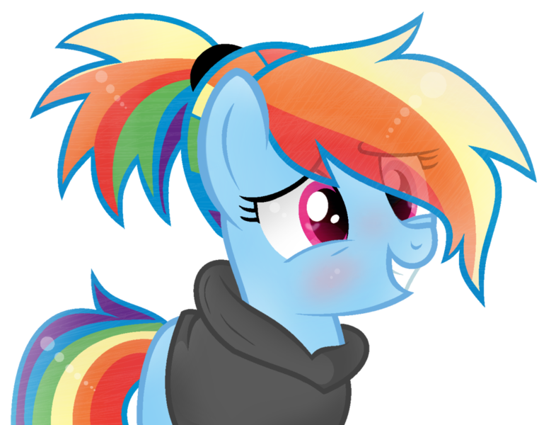 Size: 1024x806 | Tagged: safe, artist:xmelodyskyx, derpibooru import, edit, rainbow dash, earth pony, pony, alternate hairstyle, blushing, clothes, cute, dashabetes, eye clipping through hair, female, hoodie, image, mare, png, ponytail, race swap, simple background, smiling, solo, transparent background