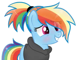 Size: 1024x806 | Tagged: safe, artist:xmelodyskyx, derpibooru import, edit, rainbow dash, earth pony, pony, alternate hairstyle, blushing, clothes, cute, dashabetes, eye clipping through hair, female, hoodie, image, mare, png, ponytail, race swap, simple background, smiling, solo, transparent background