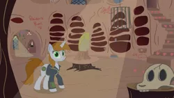 Size: 3840x2160 | Tagged: safe, artist:pearmare animation, derpibooru import, screencap, oc, oc:littlepip, unofficial characters only, pony, unicorn, fallout equestria, golden oaks library, image, library, png, skull