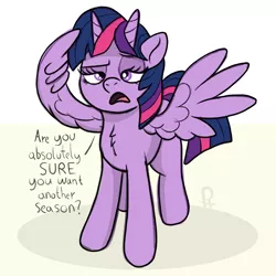 Size: 1498x1498 | Tagged: safe, artist:pony-thunder, derpibooru import, twilight sparkle, twilight sparkle (alicorn), alicorn, bicorn, pony, chest fluff, comic, dialogue, female, full body, hooves, horn, image, lidded eyes, mare, multiple horns, open mouth, png, pointing, raised eyebrow, shadow, signature, simple background, solo, spread wings, standing, talking to viewer, white background, wing hands, wings