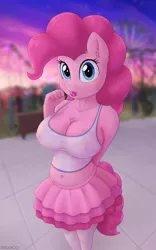 Size: 2500x4000 | Tagged: suggestive, artist:irisarco, derpibooru import, pinkie pie, anthro, earth pony, arm behind head, belly button, bench, big breasts, blurry background, breasts, candy, chest fluff, chubby, cleavage, clothes, cloud, day, ear fluff, eating, equestria girls outfit, erect nipples, female, ferris wheel, food, grass, image, lollipop, looking at you, midriff, nipple outline, outdoors, png, roller coaster, sky, socks, solo, solo female, standing, sunset, tanktop, thigh highs, watermark
