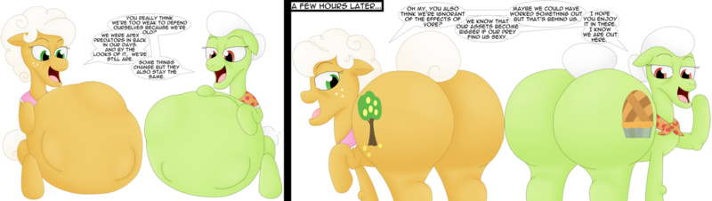 Size: 1280x362 | Tagged: questionable, artist:girlsvoreboys, artist:voretoons, derpibooru import, goldie delicious, granny smith, butt expansion, growth, image, png, simple background, transparent background, vore