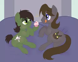 Size: 1800x1434 | Tagged: safe, derpibooru import, oc, oc:mitzi, oc:rockall, earth pony, pony, series:bed-breaker, bed, bedroom, bedroom eyes, cupcake, duo, earth pony oc, female, food, glasses, image, licking, licking lips, male, male and female, mare, png, shipping fuel, stallion, this will end in weight gain, tongue out, weight gain sequence