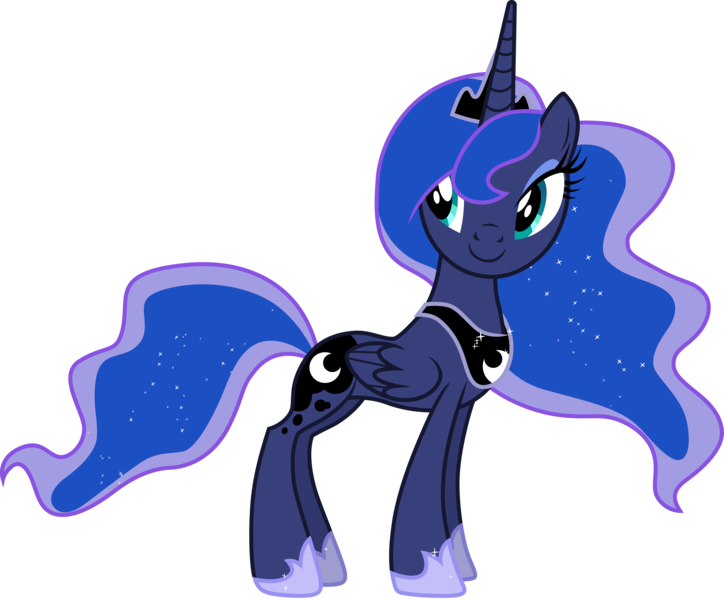 Size: 3619x3000 | Tagged: safe, artist:cloudyglow, derpibooru import, princess luna, alicorn, pony, luna eclipsed, .ai available, female, folded wings, full body, high res, hoof shoes, hooves, horn, image, mare, png, side view, simple background, smiling, solo, standing, tail, transparent background, vector, wings