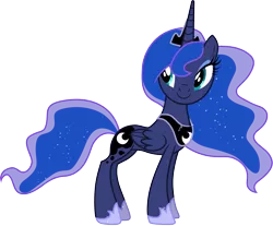 Size: 3619x3000 | Tagged: safe, artist:cloudyglow, derpibooru import, princess luna, alicorn, pony, luna eclipsed, .ai available, female, folded wings, full body, high res, hoof shoes, hooves, horn, image, mare, png, side view, simple background, smiling, solo, standing, tail, transparent background, vector, wings