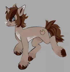 Size: 1132x1157 | Tagged: safe, artist:breakcqrpse, derpibooru import, oc, unofficial characters only, pony, unicorn, annoyed, bicolor mane, blue eyes, brown coat, brown mane, gray background, hooves, horn, image, jpeg, simple background, unicorn oc, walking