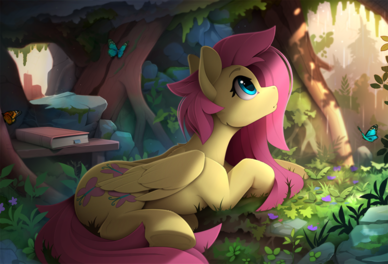 Size: 2500x1704 | Tagged: safe, artist:yakovlev-vad, derpibooru import, fluttershy, butterfly, insect, pegasus, pony, book, detailed background, image, lying down, png, rain, shelter, solo