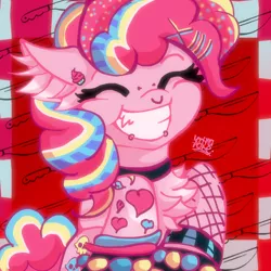 Size: 3000x3000 | Tagged: safe, artist:umbrapone, derpibooru import, pinkie pie, earth pony, pony, accessories, beads, checkered background, chest fluff, ear fluff, ear piercing, fangs, fishnets, hairpin, heart, image, implied cupcakes, knife, lip piercing, looking at you, multicolored mane, multicolored tail, piercing, png, punkie pie, rawr, rawrified, scene kid, smiling, smiling at you, solo, tail