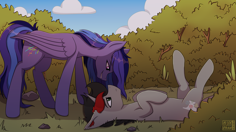 Size: 3840x2160 | Tagged: safe, artist:alicetriestodraw, derpibooru import, oc, oc:cinder, pegasus, unicorn, bush, image, lying down, outdoors, png, smiling, smirk, standing over