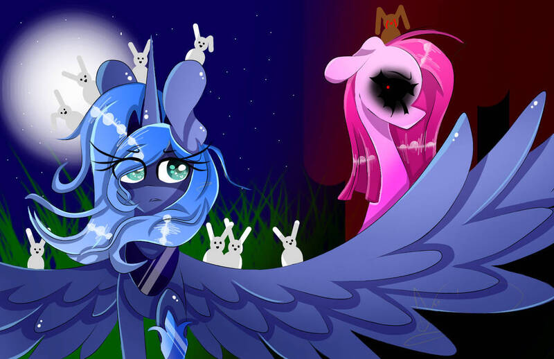 Size: 1111x720 | Tagged: grimdark, artist:friendlyart, derpibooru import, pinkie pie, princess luna, alicorn, earth pony, pony, rabbit, luna game, animal, black sclera, blood, clothes, creepypasta, crown, evil, floppy ears, horn, image, jewelry, jpeg, moon, necklace, night, pinkamena diane pie, regalia, shoes, spread wings, stars, wings, zalgo