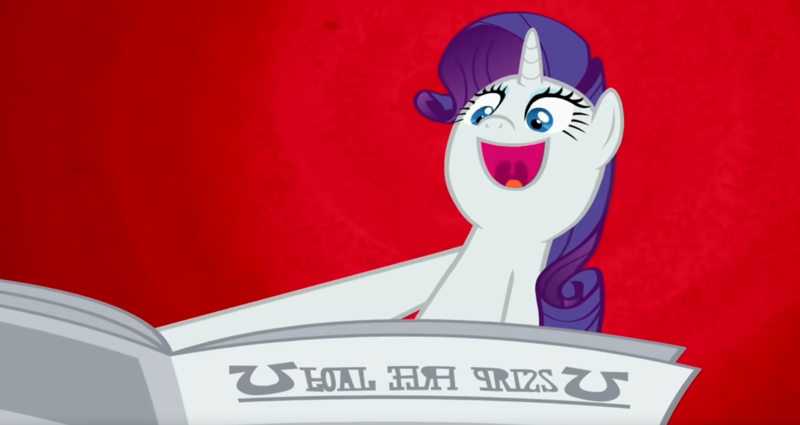 Size: 2027x1076 | Tagged: safe, derpibooru import, edit, edited screencap, screencap, rarity, ponyville confidential, foal free press, image, inverted mouth, newspaper, png, red background, simple background