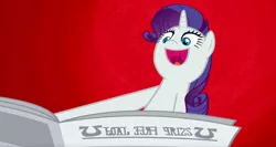 Size: 2027x1076 | Tagged: safe, derpibooru import, edit, edited screencap, screencap, rarity, ponyville confidential, foal free press, image, inverted mouth, newspaper, png, red background, simple background