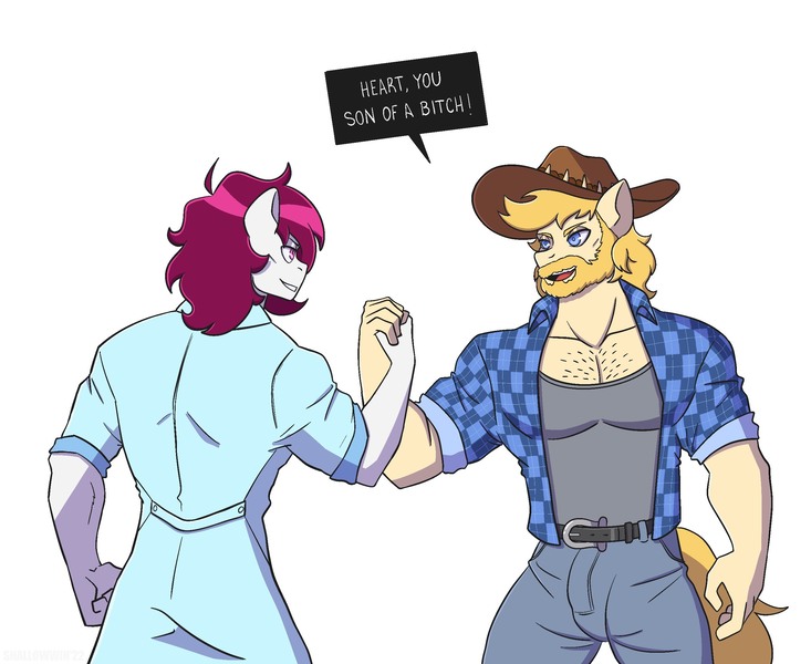 Size: 2503x2048 | Tagged: safe, artist:shallowwin, derpibooru import, oc, oc:chase, oc:dr.heart, anthro, earth pony, humor, image, jpeg, meme, you son of a bitch!