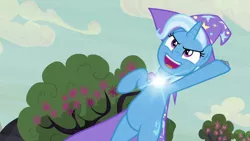 Size: 1280x720 | Tagged: safe, derpibooru import, edit, edited screencap, screencap, trixie, unicorn, to where and back again, brooch, cape, clothes, female, flower, glow, hat, image, jewelry, light up, open mouth, png, rearing, shine, solo, tree, trixie's brooch, trixie's cape, trixie's glowing brooch, trixie's hat, wizard hat