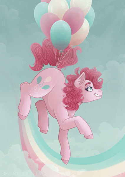 Size: 2480x3507 | Tagged: safe, artist:kikirdcz, derpibooru import, pinkie pie, earth pony, pony, balloon, cloud, cute, diapinkes, female, floating, grin, image, mare, pinkie being pinkie, png, rainbow, sky, smiling, solo, unshorn fetlocks