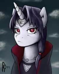 Size: 1620x2025 | Tagged: safe, artist:rcooper, derpibooru import, ponified, pony, unicorn, fanart, headband, image, jpeg, naruto, solo, uchiha itachi