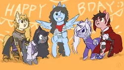 Size: 1920x1080 | Tagged: safe, artist:metaruscarlet, derpibooru import, oc, oc:badgering badger, cat, cat pony, cyborg, earth pony, original species, pegasus, pony, unicorn, amputee, bandana, banner, belt, birthday, birthday gift, blake belladonna, boots, cape, cloak, clothes, coat, crossover, dress, eye scar, fangs, female, fingerless gloves, gloves, grin, hat, high heel boots, image, jacket, jans, male, mare, one eye closed, open mouth, orange background, pants, party hat, png, ponifed, prosthetic limb, prosthetics, ruby rose, rwby, scar, shirt, shoes, simple background, skirt, smiley face, smiling, stallion, weiss schnee, wink, yang xiao long