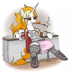 Size: 530x543 | Tagged: safe, artist:jargon scott, derpibooru import, oc, oc:dyx, unofficial characters only, alicorn, pony, alcohol, alicorn oc, beer, beer can, boots, cigarette, cigarette holder, clothes, eye clipping through hair, eyebrows, eyebrows visible through hair, female, fishnets, horn, image, jacket, looking at you, mare, png, shirt, shoes, sitting, smiling, smiling at you, smoking, solo, wings