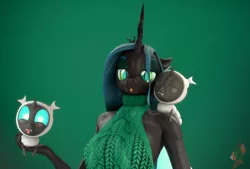 Size: 3192x2160 | Tagged: safe, artist:dongly12, derpibooru import, queen chrysalis, anthro, changeling, changeling larva, changeling queen, nymph, 3d, :p, backless, canterlot wedding 10th anniversary, clothes, cute, cute little fangs, cuteling, fangs, female, high res, image, open-back sweater, png, revamped anthros, sleeveless, sleeveless sweater, source filmmaker, sweater, tongue out, virgin killer sweater, watermark