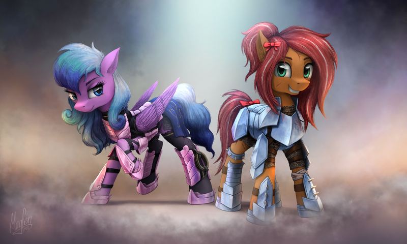 Size: 4950x2970 | Tagged: safe, artist:magfen, derpibooru import, oc, unofficial characters only, earth pony, pegasus, pony, fanfic:rekindled embers, armor, female, grin, image, mare, png, scar, signature, smiling