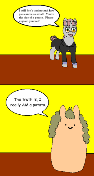 Size: 375x704 | Tagged: safe, anonymous artist, oc, oc:tuesday, oc:twosday, unicorn, /mlp/, 4chan, colored, dialogue, drawthread, duo, image, meme, png, ponified meme, potato pony, simple background, wat