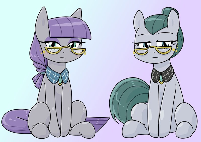 Size: 1117x790 | Tagged: safe, artist:batipin, derpibooru import, cloudy quartz, maud pie, earth pony, pony, alternate hairstyle, blue background, duo, duo female, female, glasses, gradient background, image, jpeg, lidded eyes, looking at you, mare, mother and child, mother and daughter, purple background, simple background, sitting