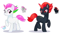Size: 2140x1204 | Tagged: safe, artist:rainbow eevee, derpibooru import, unicorn, adopt me!, animal in mlp form, base used, colored pupils, duo, evil unicorn, eyelashes, glow, glowing eyes, glowing horn, horn, image, multicolored mane, no cutie marks because im lazy, pink eyes, png, red eyes, red mane, roblox