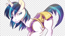 Size: 640x360 | Tagged: safe, derpibooru import, shining armor, animated, armor, conbons, image, implied gay, sexy armor, simple background, sound, transparent background, video, voice acting, webm