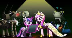 Size: 2791x1493 | Tagged: safe, artist:questionmarkdragon, derpibooru import, princess cadance, twilight sparkle, alicorn, pony, unicorn, fallout equestria, assaultron, duo, fallout, female, glow, glowing horn, horn, image, levitation, magic, mare, mister gutsy, mister handy, png, telekinesis, unicorn twilight