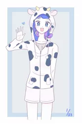 Size: 977x1471 | Tagged: safe, artist:auntie_grub, derpibooru import, rarity, cow, equestria girls, animal costume, clothes, costume, cowprint, female, heart, hoodie, image, jpeg, looking at you, open mouth, open smile, raricow, simple background, smiling, smiling at you, solo, species swap, waving, waving at you, white background