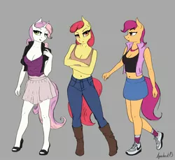 Size: 2622x2397 | Tagged: safe, artist:apocheck13, derpibooru import, apple bloom, scootaloo, sweetie belle, anthro, earth pony, pegasus, plantigrade anthro, unicorn, boots, clothes, cutie mark crusaders, denim skirt, high heel boots, high heels, image, jpeg, midriff, miniskirt, shoes, skirt, skirtaloo, socks