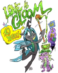 Size: 2034x2556 | Tagged: safe, artist:grotezco, artist:tokiotoyy2k, derpibooru import, queen chrysalis, spike, changeling, changeling queen, dragon, angry, brush, butt, canterlot wedding 10th anniversary, crysalis, dancing, female, green eyes, image, jpeg, paint, painting, plot, sign, slime, solo, speech bubble, stars, swear words