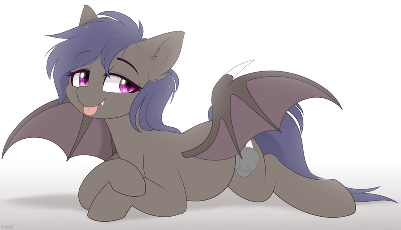 Size: 1100x633 | Tagged: safe, artist:higgly-chan, derpibooru import, oc, oc:night skies, unofficial characters only, bat pony, pony, bat pony oc, bat wings, image, lying down, png, prone, solo, tongue out, wings
