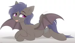 Size: 1100x633 | Tagged: safe, artist:higgly-chan, derpibooru import, oc, oc:night skies, unofficial characters only, bat pony, pony, bat pony oc, bat wings, image, lying down, png, prone, solo, tongue out, wings
